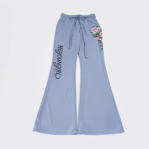 Pantalon long décontracté pour femme, taille basse, coupe ample, évasé, à motif floral vintage, en dentelle, style streetwear rétro, tissé, pour l'été - Product Image 2