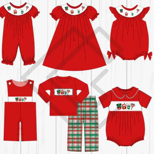 Noël <span class=keywords><strong>frère</strong></span> <span class=keywords><strong>et</strong></span> soeur tenues assorties coton de haute qualité rouge classique avec pantalon à carreaux vert broderie personnalisable - Product Image 1