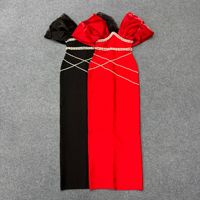 Robe moulante élégante pour femme, col en V, ornée de strass, avec fente, pour soirée, anniversaire ou cérémonie