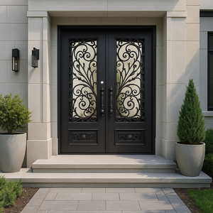 Porte moderne double en <span class=keywords><strong>fer</strong></span> <span class=keywords><strong>forgé</strong></span> avec verre dépoli, résistante aux impacts d'ouragan, pour entrée extérieure, cuisine extérieure et applications commerciales - Product Image 2
