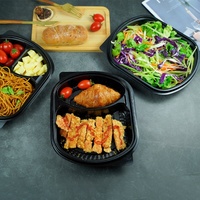 Contenants alimentaires jetables en PP noirs rectangulaires avec couvercles anti-buée, compatibles four/micro-ondes/réfrigérateur/congélateur, pour nouilles, salades, gelées