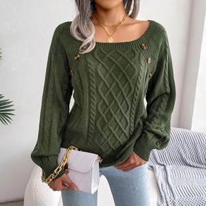 Suéter casual de punto trenzado con cuello cuadrado y botones para <span class=keywords><strong>mujer</strong></span>, para otoño e invierno - Product Image 2