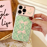 Coque de téléphone compatible Green Grid Pink Bow Tie à changement instantané pour iPhone 17, coque antichute pour iPhone 16 avec grande fenêtre de visualisation et protection adhésive