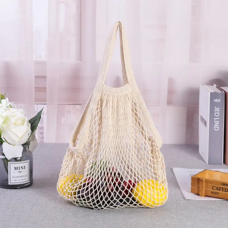 Hot Selling Reusable Fruit Vegetable Grocery Produce Tote Cotton String Mesh Net Shopping Bag With Long Handle