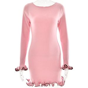 Robe décontractée sexy d'automne à blocs de couleur, manches longues, col en V, volants, taille naturelle, ourlet roulé, en maille et mousseline - Product Image 2