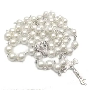 8mm Harz Perlenkreuz Anhänger Halskette Rosenkranz Gebet Taufe Schmuck Maria Jesus katholisch-christliches religiöses Zubehör Geschenk