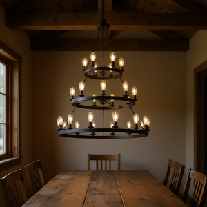 Lustre suspendu rétro industriel à 3 niveaux en fer noir, 45 pouces, 27 lumières, style farmhouse pour salles à manger et salons - Product Image 2