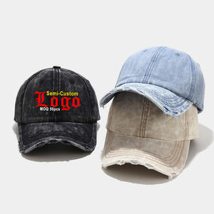 LDSC Vente en gros Casquettes de baseball rétro délavées en denim brodé semi-personnalisé Casquette de sport en jean à bord pointu déchiré non structuré - Product Image 1