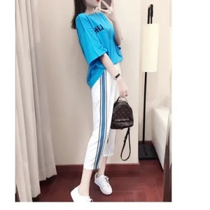 Women's Casual Sportswear Set Blue Short Sleeve T Shirt With Pocket Knitted Polyester Two Piece Summer Fashion 2024 - Product Image 2
