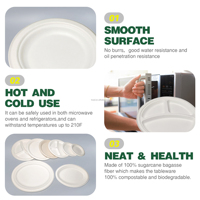 6 pouces 7 pouces 9 pouces 10 pouces 12 pouces 100% Assiettes jetables en bagasse biodégradable et compostable pour fête de mariage