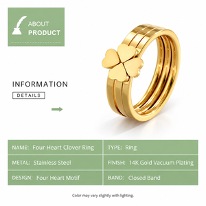 Anillo de Trébol de Cuatro Corazones en Acero Inoxidable con Baño de Oro de 14K, Joyería con Motivo de Cuatro Corazones - Product Image 3