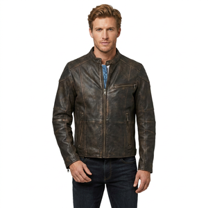 Chaqueta de Cuero Genuino Marrón para Hombre, Estilo Motero, Cafe Racer, de Piel Vacuna, con Hombros Acolchados, Clásica, Personalizada, para Invierno - Product Image 1