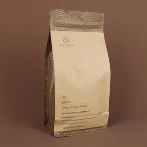 Bolsa de embalaje de granos de café con válvula y cremallera de fondo plano con refuerzo lateral biodegradable personalizado 100g 150g 250g 500g 1kg