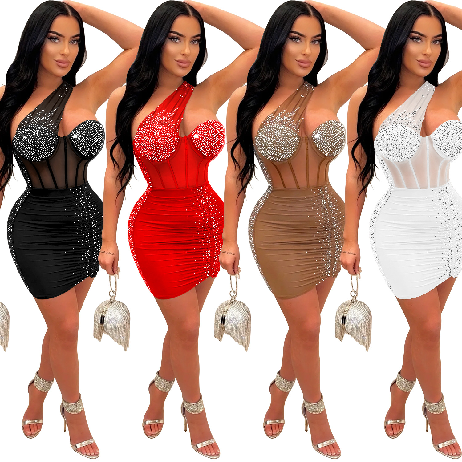 Phụ Nữ Câu Lạc Bộ Đêm Một Vai Sinh Nhật Mini Dress Sexy Co Giãn Kim Cương Backless Đảng Chắp Vá Mùa Hè 2023 Bodycon Ngắn Ăn Mặc