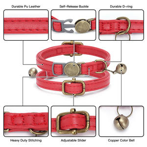Venta al por mayor personalizado gato <span class=keywords><strong>Collar</strong></span> de lujo Retro grabado Metal Breakaway pequeño PU cuero mascota gato perro <span class=keywords><strong>Collar</strong></span> con campana - Product Image 3