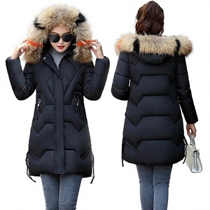 Women's Winter <b>Quilted</b> <b>Jacket</b> With Fur Hood Long Sleeve Zipper Closure Thick Warm Coat Solid Color Parka Outwear - Product Image 1