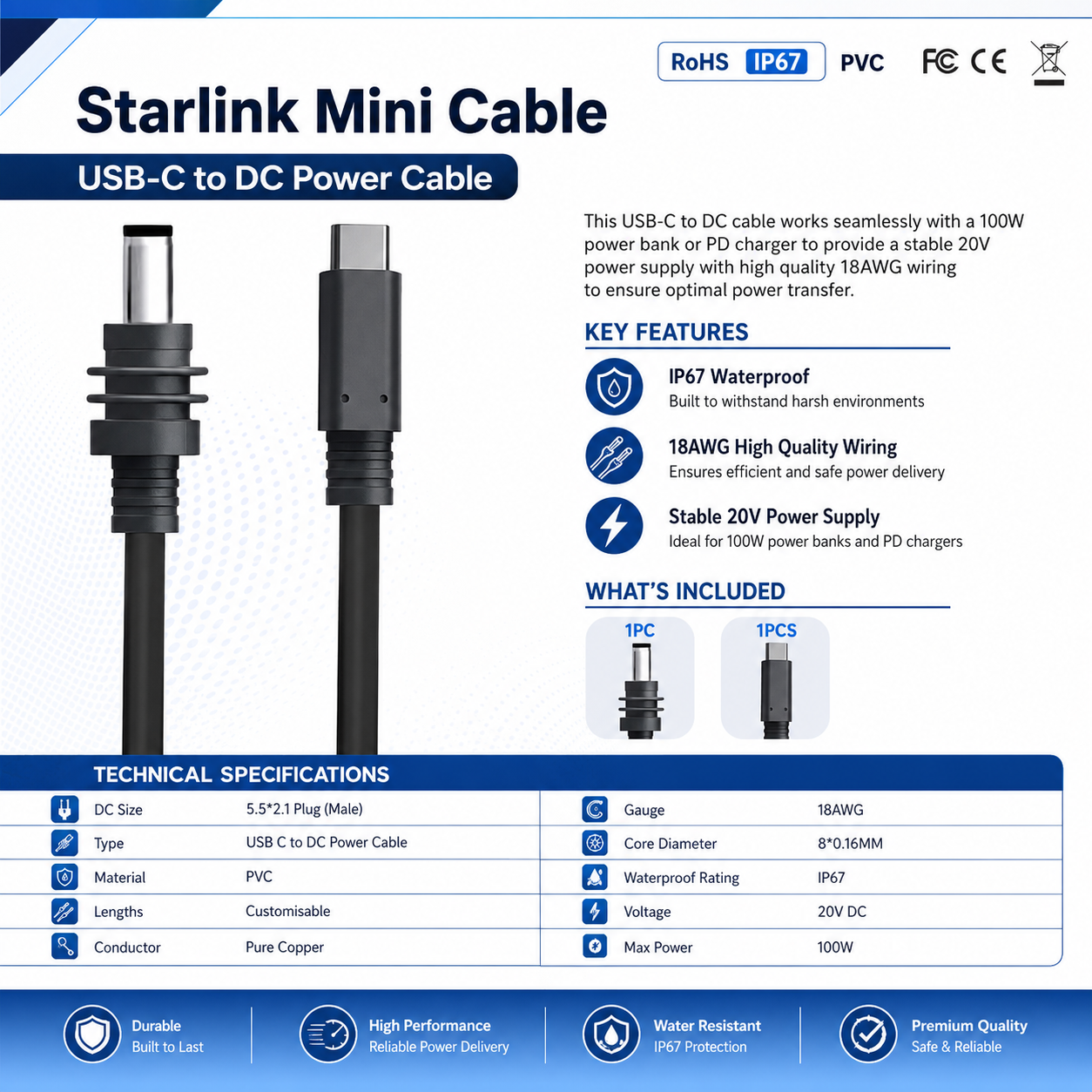 IP67 Waterproof USB-C to DC 5.5x2.1mm 20V 100W PD Power Cable for Starlink Mini