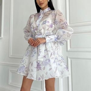 <span class=keywords><strong>Abito</strong></span> Estivo da Donna con Stampa Floreale, Maniche Lunghe in <span class=keywords><strong>Organza</strong></span> e Cintura, con Top Interno a Canotta - Product Image 3