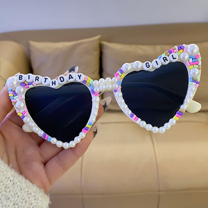 <b>Party</b> <b>Props</b> Birthday Sunglasses Pearl Letter Sunglasses Stylish Rhinestone-encrusted Heart-shaped Glasses - Product Image 1