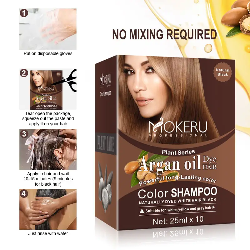 Sachet de shampooing de couleur de cheveux d'extrait d'huile d'argan d'Oem 25ml * 10 dans les sacs 5 minutes pour colorer le cuir chevelu de cheveux de longue durée sans dommages