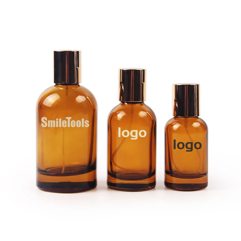 Hot Amber Glass Bomba Garrafas Flat Ombro Recarregáveis Spray Garrafa Para Soro Óleo Essencial Perfume Loção 30ml 50ml 80ml 100ml