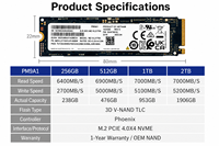 SSD interne M.2 NVMe 1 To, 6 Gbit/s en lecture, 501-600 Mo/s en écriture, 701-800 Mo/s, pour mise à niveau de PC de bureau/portable, personnalisable