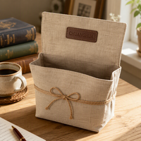 Pochette en lin double couche avec étiquette en cuir PU et nœud en corde de jute pour emballage cadeau, cadeau de mariage, ou étui à cosmétiques