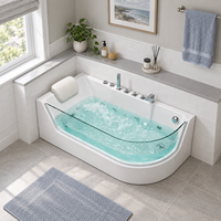 Baignoire balnéo en acrylique blanc de 59 pouces pour la rénovation de salle de bain avec façade transparente incurvée et installation en coin