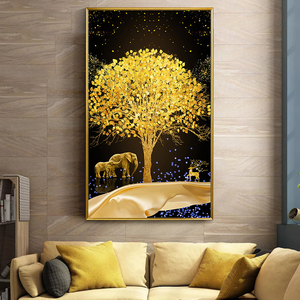UNIART Peinture 3D Moderne de Luxe en Cristal, Paysage <span class=keywords><strong>Arbre</strong></span> Doré Famille d'Éléphants Cerfs, <span class=keywords><strong>Toile</strong></span> Imprimée UV, Décoration Murale pour Salon - Product Image 1