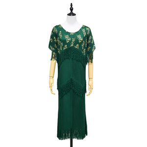Vestido extragrande con flecos de estilo europeo, detalles dorados y elegante falda plisada - Product Image 1