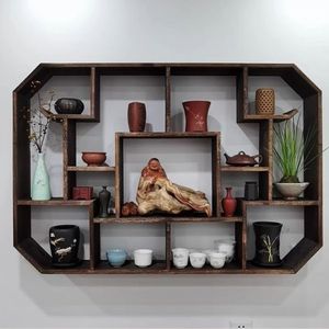 Étagère murale en bois massif pour le rangement du thé, forme irrégulière, style chinois, armoire multi-rangement - Product Image 2