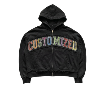 Sudadera con capucha y cremallera personalizada con pedrería para hombre, oversize, negra, de felpa francesa, con diseño de letras frontales, para otoño - Product Image 1
