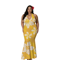 Nouvelle Robe Puletasi à Motif Plumeria, Col Halter, Décolleté Profond en V, Style Insulaire du Pacifique, Design Personnalisé, Robe Maxi Sirène, Imprimé Polynésien