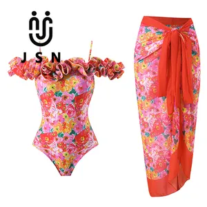 JSN 2024 baju renang wanita Vintage bahu terbuka set bikini satu bagian baju renang sarung pakaian renang musim panas pakaian pantai pakaian mandi
