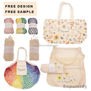 Sac de courses en filet de coton réutilisable avec logo personnalisé, couleurs naturelles beige arc-en-ciel, sac à fruits en filet promotionnel - Product Image 2