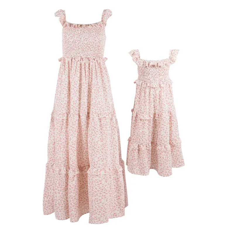 Новый продукт, семейная одежда, длинное платье с цветочным принтом, летнее модное платье для мамы и дочки
