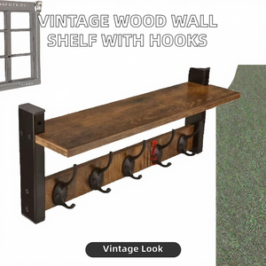 <b>Rustic</b> Industrial Wooden Wall <b>Shelf</b> with 5 Metal Coat Hooks Entryway Hanging Storage Rack Towel Organizer Single Unit - Product Image 3