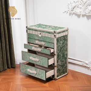 Commode vintage style coffre à 4 tiroirs <span class=keywords><strong>avec</strong></span> <span class=keywords><strong>miroir</strong></span> relevable, coffre de rangement floral vert pour coiffeuse de chambre - Product Image 2
