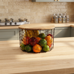 Panier de rangement rond en métal avec couvercle pour cuisine, conteneur alimentaire, design minimaliste, en fil de fer, à un seul niveau - Product Image 3