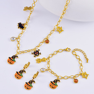 New Halloween mạ vàng thép không gỉ bí ngô quyến rũ BAT Vòng Cổ Vòng đeo tay Bí ngô đầu Bông tai sọ Vòng đeo tay trang sức <span class=keywords><strong>Set</strong></span> - Product Image 1