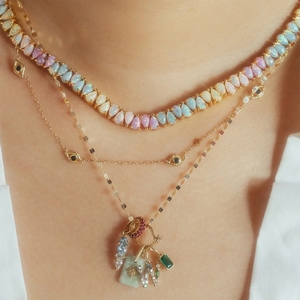 Collar de compromiso femenino de moda, cadena de tenis de ópalo ovalado chapado en oro, forma geométrica, cadena de eslabones de latón fulgurant de arco iris, joyería - Product Image 4