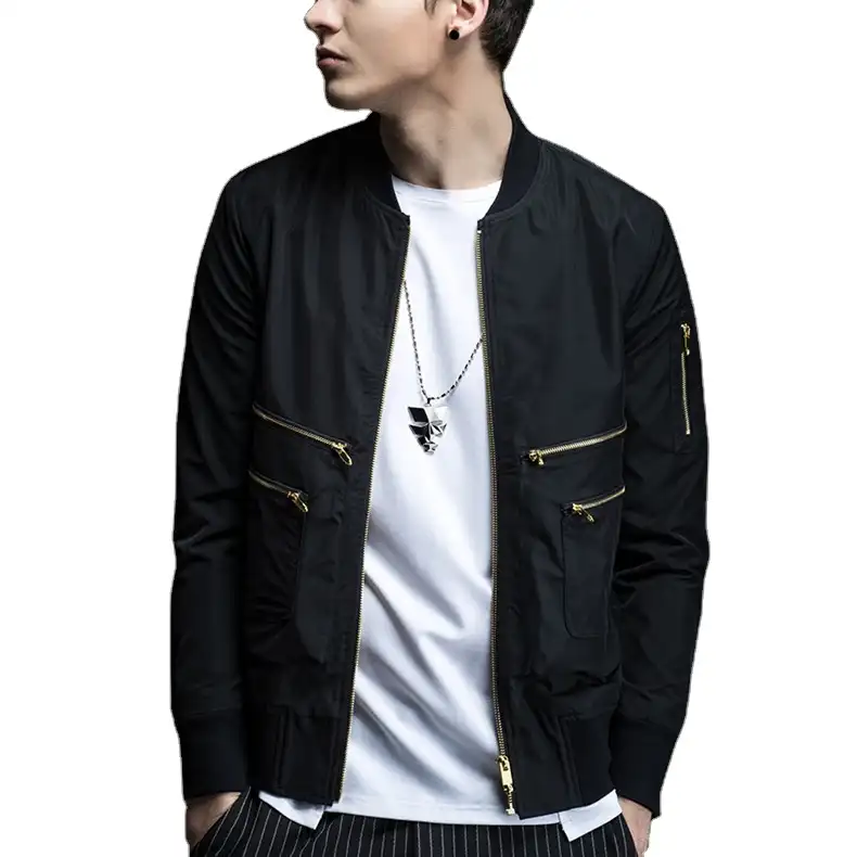 Design Your Own Blank Bomber Jacket Custom Black 100% Polyester Brand Jacket With Front Pocket