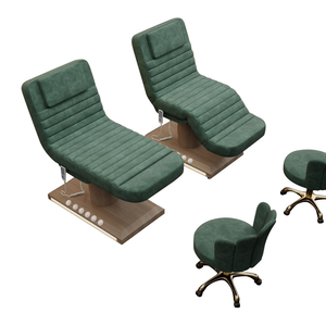 Table de massage haut de gamme en velours vert, 3 moteurs électriques, lit de beauté et de massage facial avec base LED effet bois, lit de spa pour la tête - Product Image 6