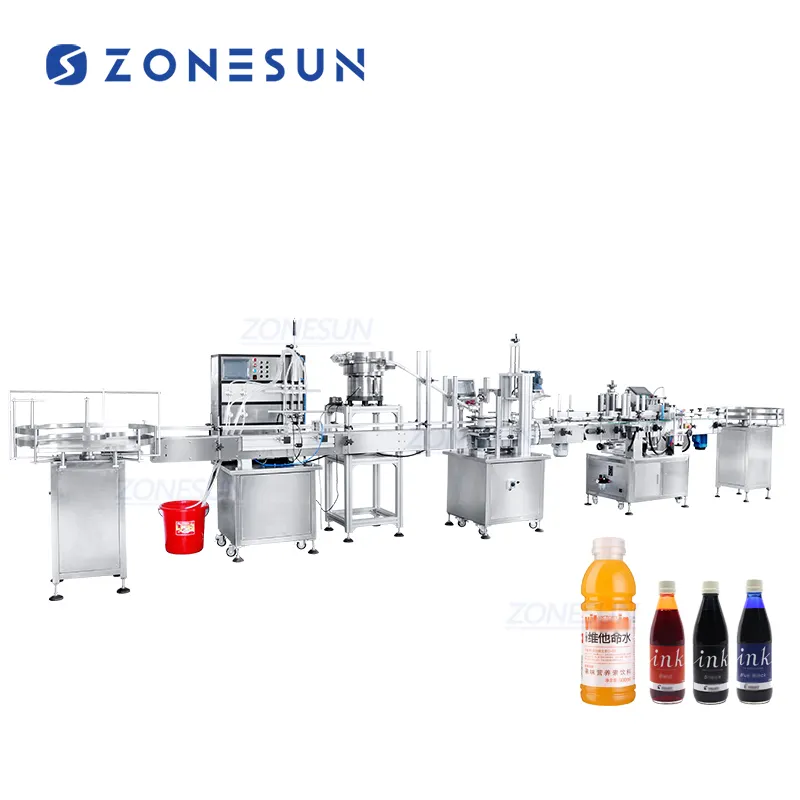 Zonesun garrafa linear automática, óleos cosméticos, suco, líquido uísque, tampão, vibrador e etiqueta, linha de produção