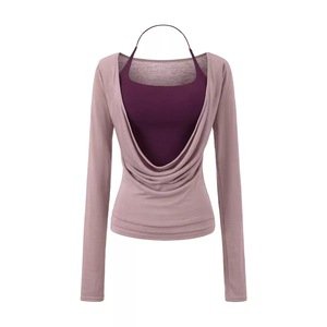 Haut de yoga transfrontalier à manches longues pour <span class=keywords><strong>femme</strong></span>, avec coussinets de poitrine intégrés, haute élasticité, séchage rapide, coupe ample <span class=keywords><strong>et</strong></span> anti-choc - Product Image 1
