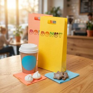 Sacs en papier personnalisés pour beignets avec poignées découpées, en papier kraft recyclable, impression offset, emballage alimentaire, design jaune-orange - Product Image 1