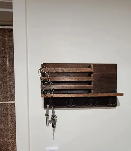 Cesta montada en la pared, soporte organizador de pared con llave de correo de madera con 4 ganchos de acero inoxidable para entrada