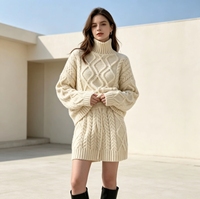 Ensemble 2 pièces en tricot torsadé pour femme, col roulé, crème, pull en tricot texturé épais + short assorti, ensemble de vêtements en tricot chaud et décontracté pour l'hiver