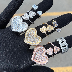 Perhiasan Fashion 2022 Hip Hop Cincin Berlapis Emas Set Cincin Baguette Bertabur Kristal Cincin Hati Chunky Berlian untuk Wanita - Product Image 3