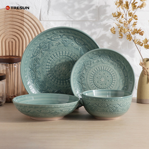 Vente directe d'usine OEM ODM, vaisselle en céramique et grès, pièces personnalisées, bols doubles, assiettes vertes de luxe en relief, ensemble de vaisselle - Product Image 1